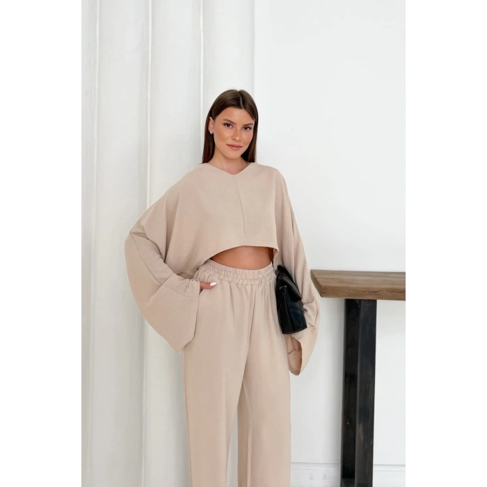 Kadın Bej Yarasa Kol Alt Üst Keten Takım