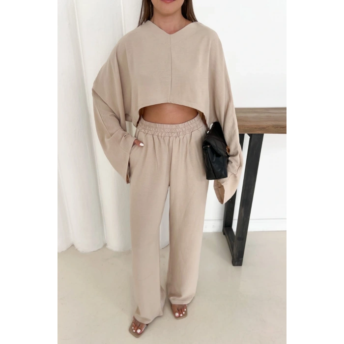 Kadın Bej Yarasa Kol Alt Üst Keten Takım