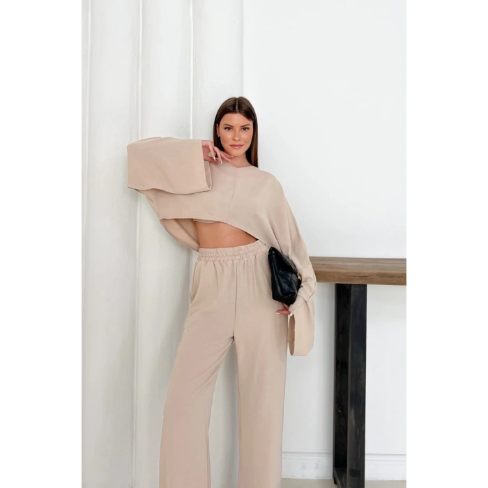 Kadın Bej Yarasa Kol Alt Üst Keten Takım