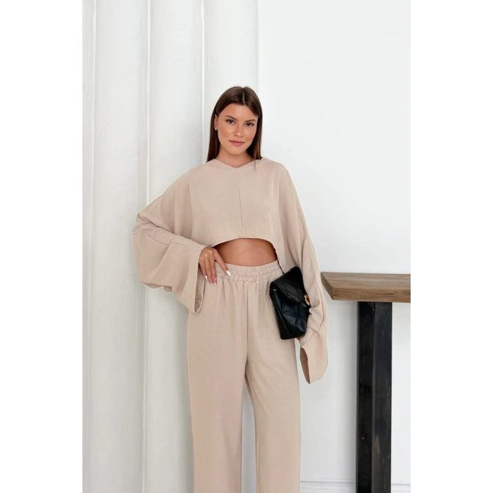 Kadın Bej Yarasa Kol Alt Üst Keten Takım