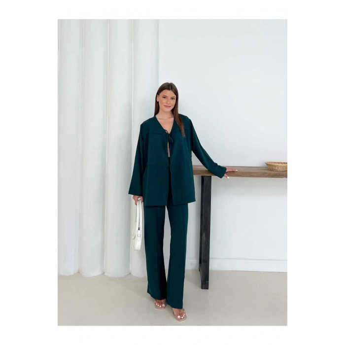 Kadın Zümrüt Yeşili Aerobin Kumaş Pantolon Ve Kimona İkili Takım
