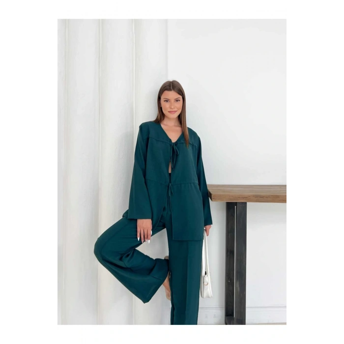 Kadın Zümrüt Yeşili Aerobin Kumaş Pantolon Ve Kimona İkili Takım