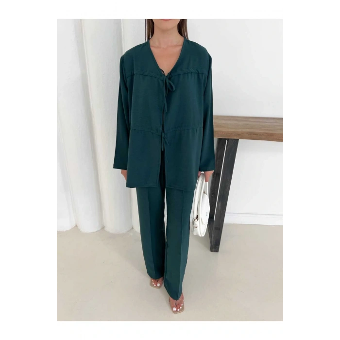Kadın Zümrüt Yeşili Aerobin Kumaş Pantolon Ve Kimona İkili Takım