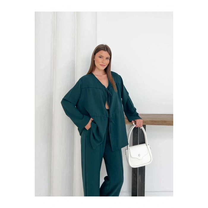 Kadın Zümrüt Yeşili Aerobin Kumaş Pantolon Ve Kimona İkili Takım