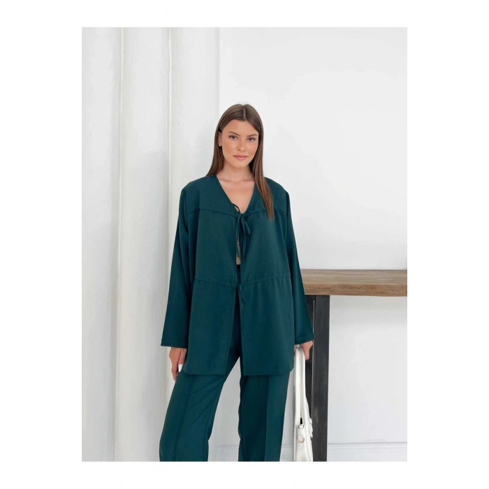 Kadın Zümrüt Yeşili Aerobin Kumaş Pantolon Ve Kimona İkili Takım