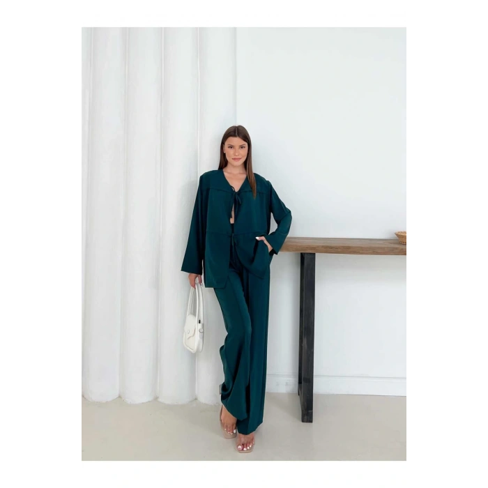 Kadın Zümrüt Yeşili Aerobin Kumaş Pantolon Ve Kimona İkili Takım