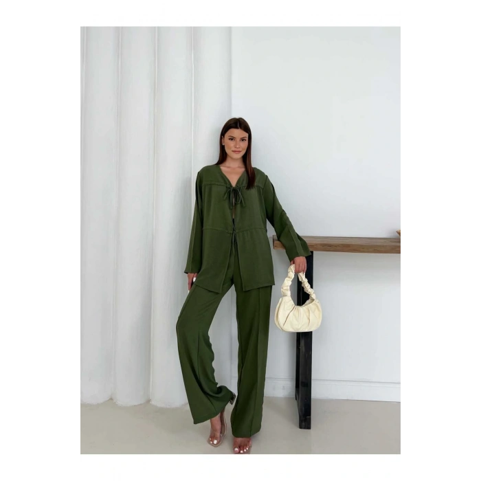 Kadın Haki Aerobin Kumaş Pantolon Ve Kimona İkili Takım
