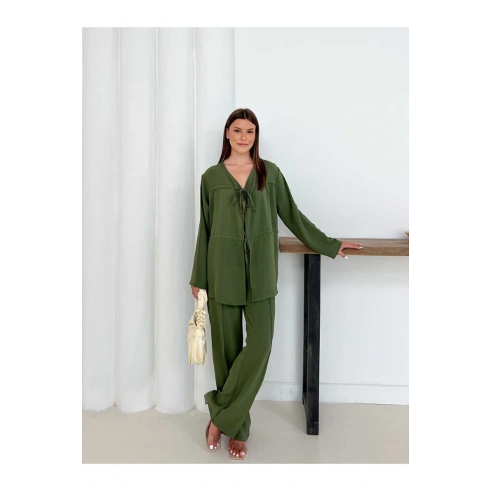 Kadın Haki Aerobin Kumaş Pantolon Ve Kimona İkili Takım