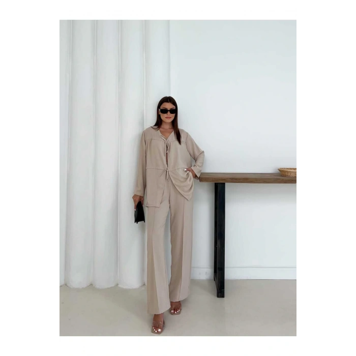 Kadın Bej Aerobin Kumaş Pantolon Ve Kimona İkili Takım