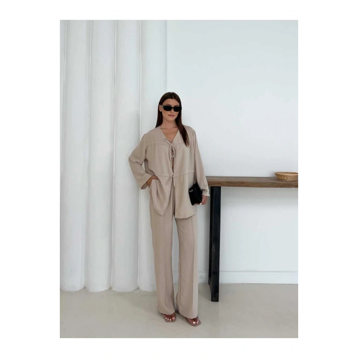 Kadın Bej Aerobin Kumaş Pantolon Ve Kimona İkili Takım