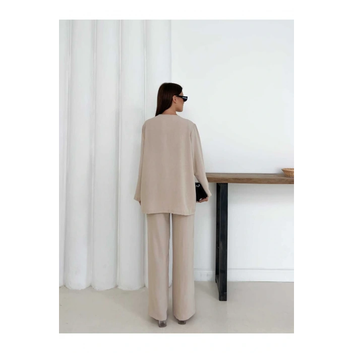 Kadın Bej Aerobin Kumaş Pantolon Ve Kimona İkili Takım