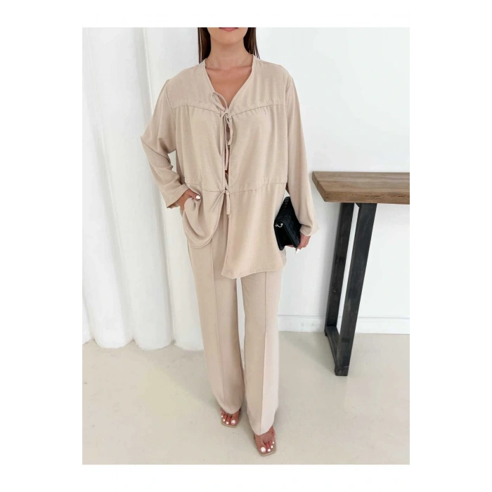 Kadın Bej Aerobin Kumaş Pantolon Ve Kimona İkili Takım