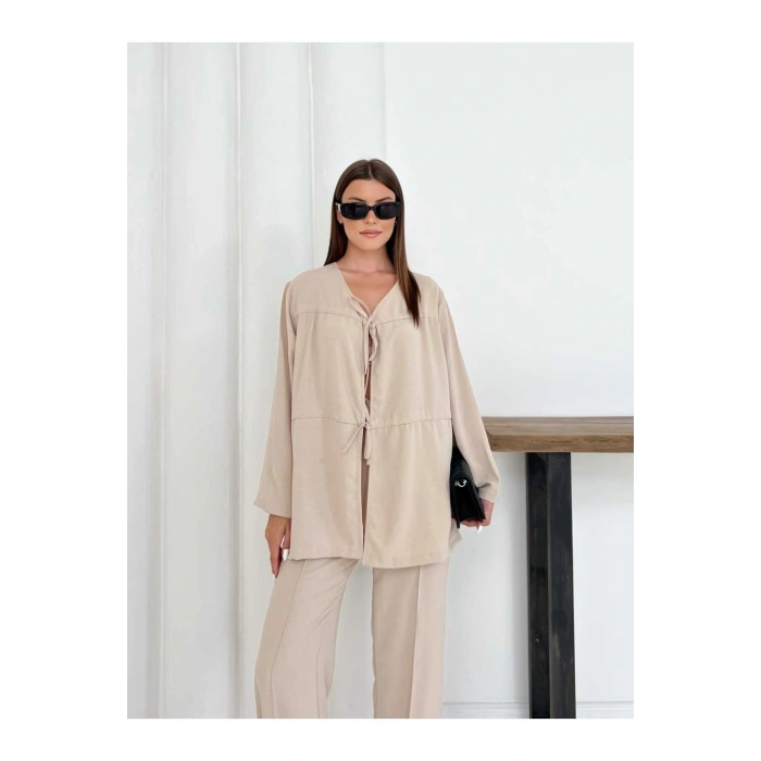 Kadın Bej Aerobin Kumaş Pantolon Ve Kimona İkili Takım