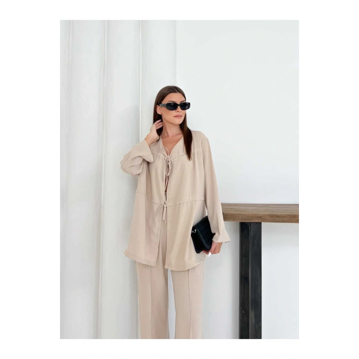 Kadın Bej Aerobin Kumaş Pantolon Ve Kimona İkili Takım