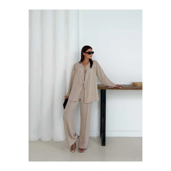 Kadın Bej Aerobin Kumaş Pantolon Ve Kimona İkili Takım