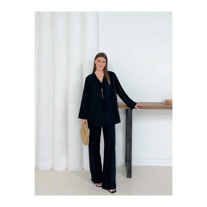 Kadın Siyah Aerobin Kumaş Pantolon Ve Kimona İkili Takım