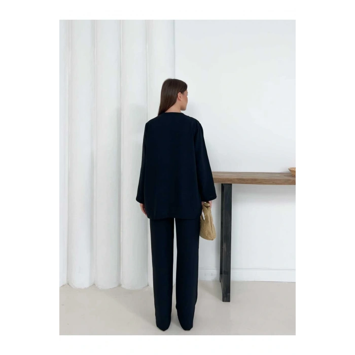 Kadın Siyah Aerobin Kumaş Pantolon Ve Kimona İkili Takım