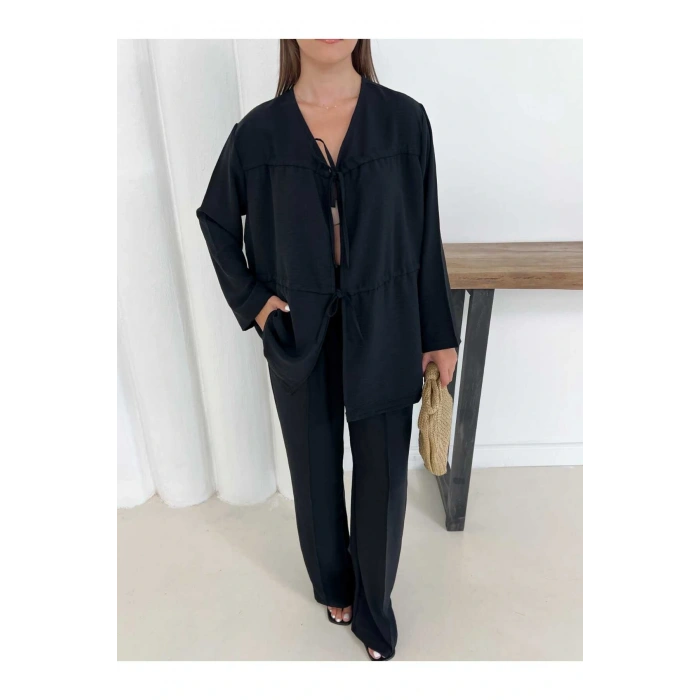 Kadın Siyah Aerobin Kumaş Pantolon Ve Kimona İkili Takım