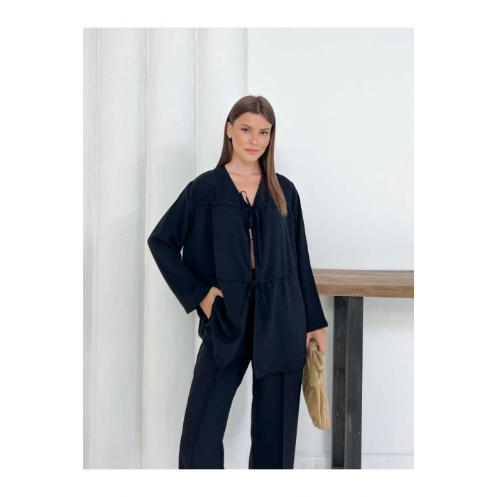 Kadın Siyah Aerobin Kumaş Pantolon Ve Kimona İkili Takım