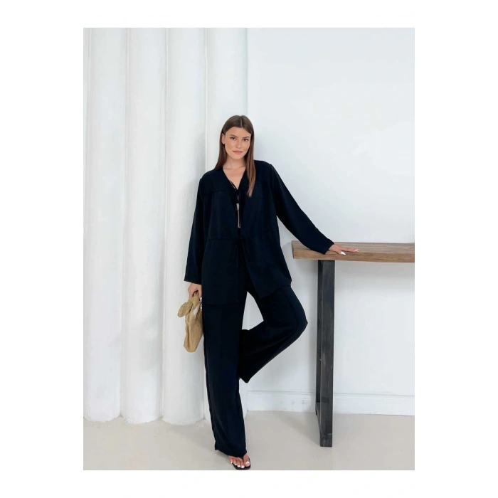 Kadın Siyah Aerobin Kumaş Pantolon Ve Kimona İkili Takım