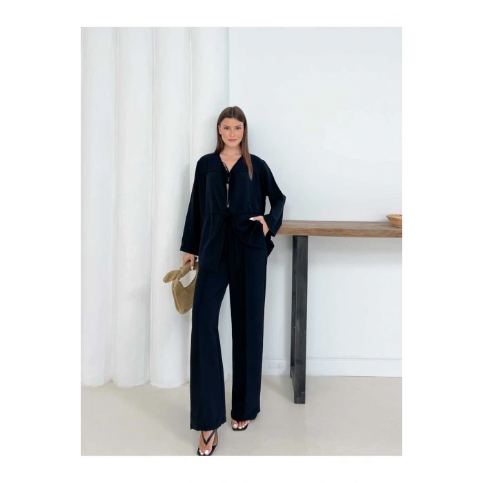 Kadın Siyah Aerobin Kumaş Pantolon Ve Kimona İkili Takım