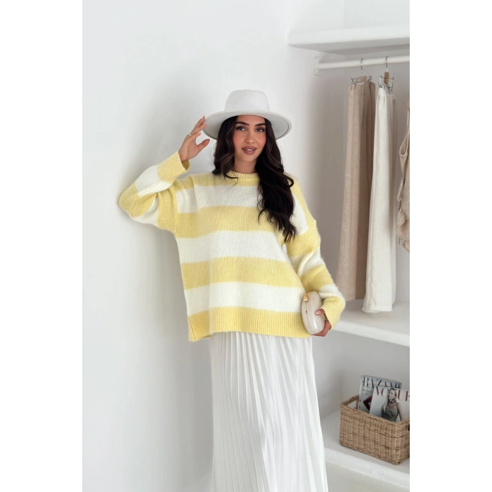 Bisiklet Yaka Renk Bloklu Kadın Triko Kazak