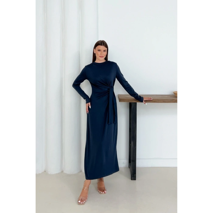 Kadın Antrasit Modal Kumaş Yandan Bağlama Detaylı Uzun Elbise