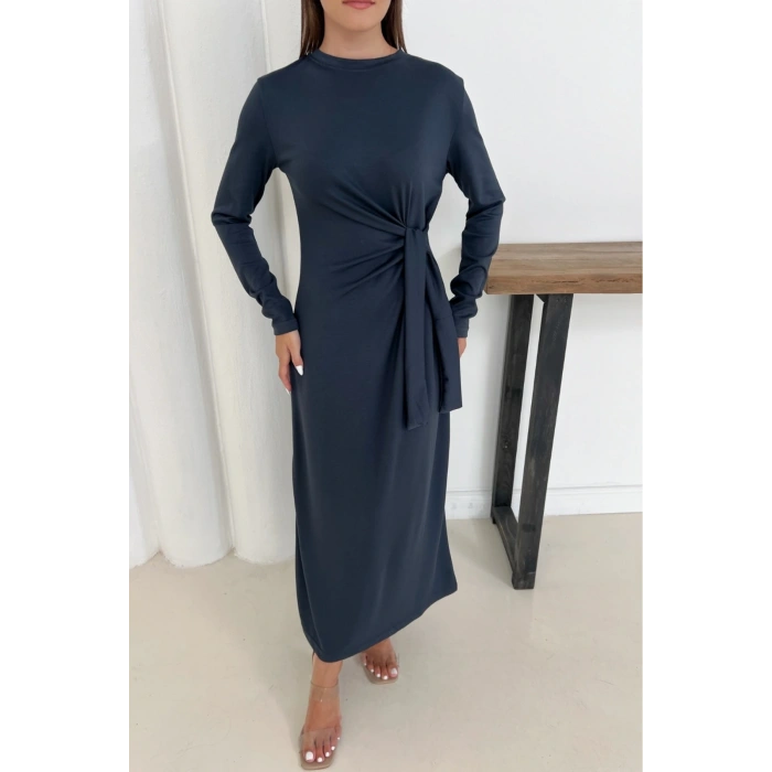 Kadın Antrasit Modal Kumaş Yandan Bağlama Detaylı Uzun Elbise