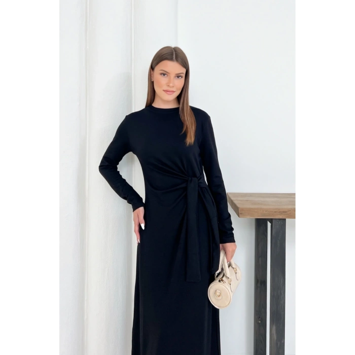 Kadın Siyah Modal Kumaş Yandan Bağlama Detaylı Uzun Elbise