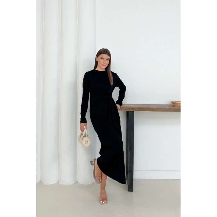 Kadın Siyah Modal Kumaş Yandan Bağlama Detaylı Uzun Elbise