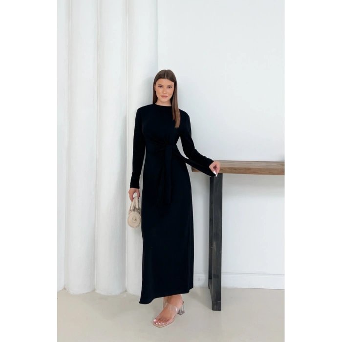 Kadın Siyah Modal Kumaş Yandan Bağlama Detaylı Uzun Elbise