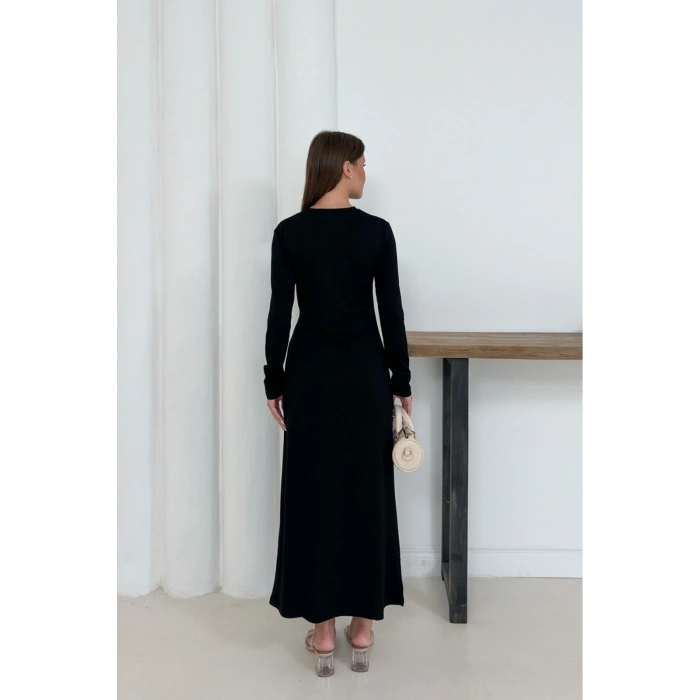 Kadın Siyah Modal Kumaş Yandan Bağlama Detaylı Uzun Elbise