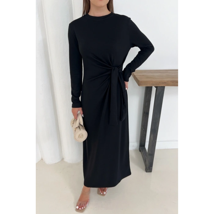Kadın Siyah Modal Kumaş Yandan Bağlama Detaylı Uzun Elbise