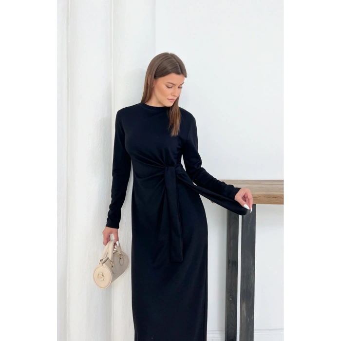 Kadın Siyah Modal Kumaş Yandan Bağlama Detaylı Uzun Elbise