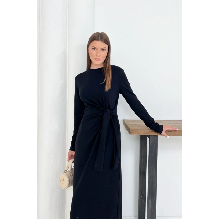 Kadın Siyah Modal Kumaş Yandan Bağlama Detaylı Uzun Elbise