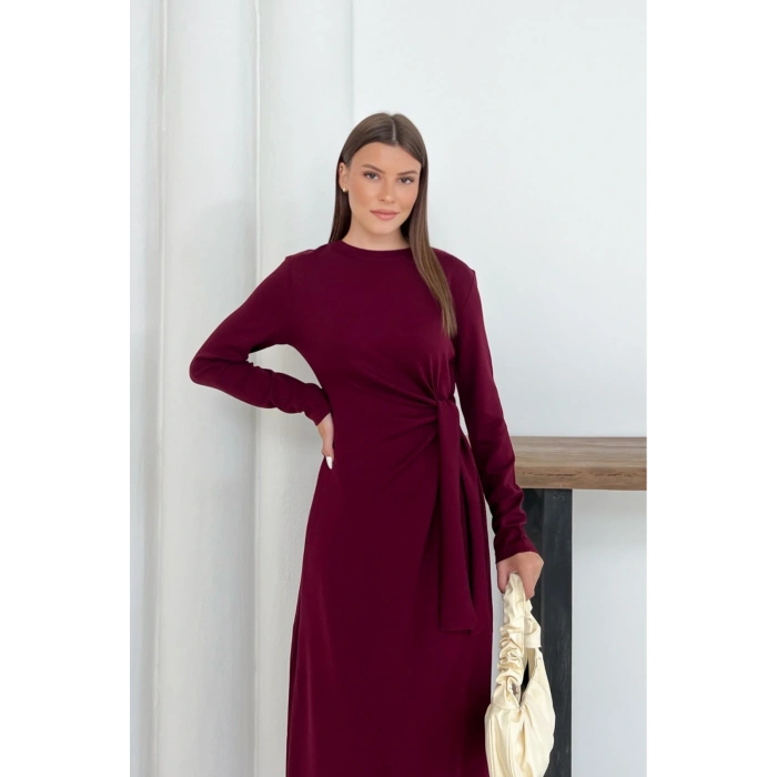 Kadın Bordo Modal Kumaş Yandan Bağlama Detaylı Uzun Elbise