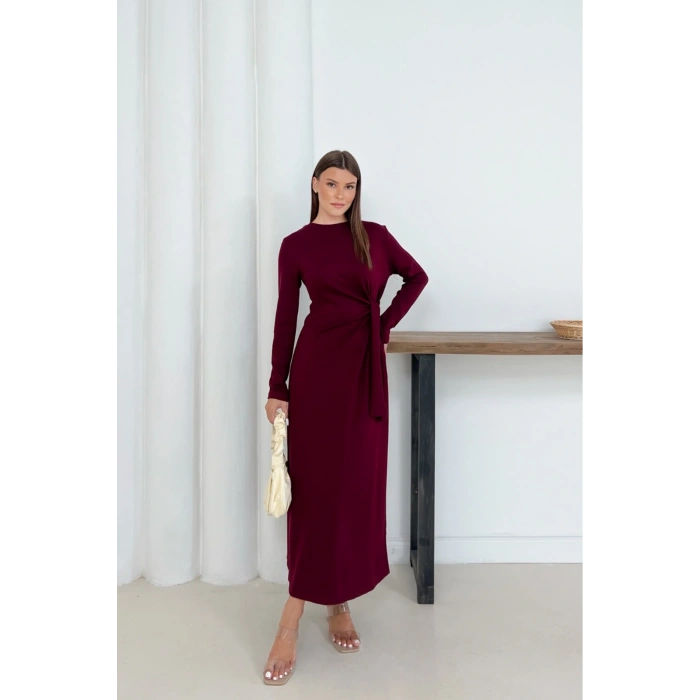 Kadın Bordo Modal Kumaş Yandan Bağlama Detaylı Uzun Elbise