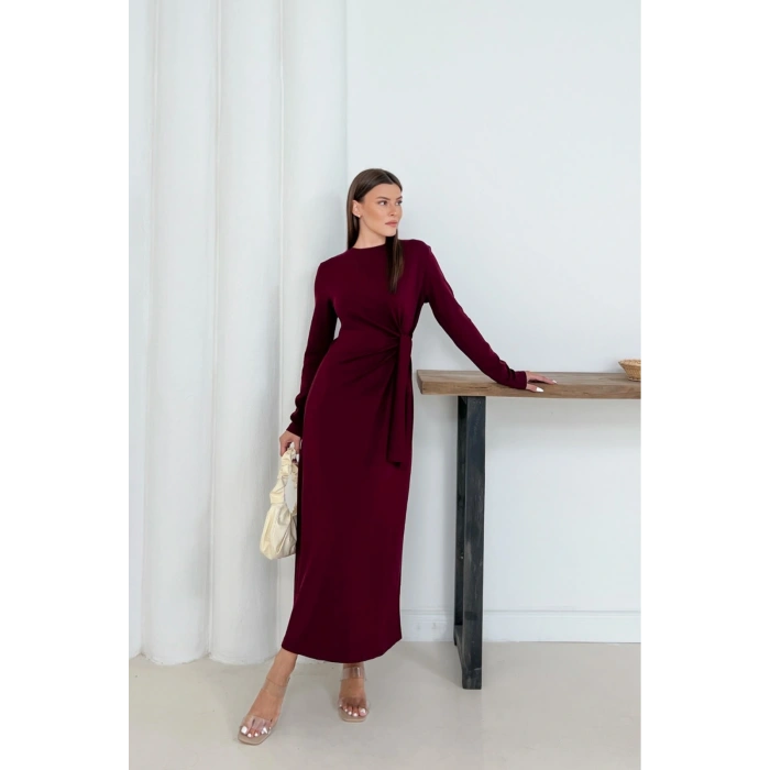 Kadın Bordo Modal Kumaş Yandan Bağlama Detaylı Uzun Elbise