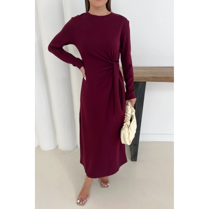 Kadın Bordo Modal Kumaş Yandan Bağlama Detaylı Uzun Elbise