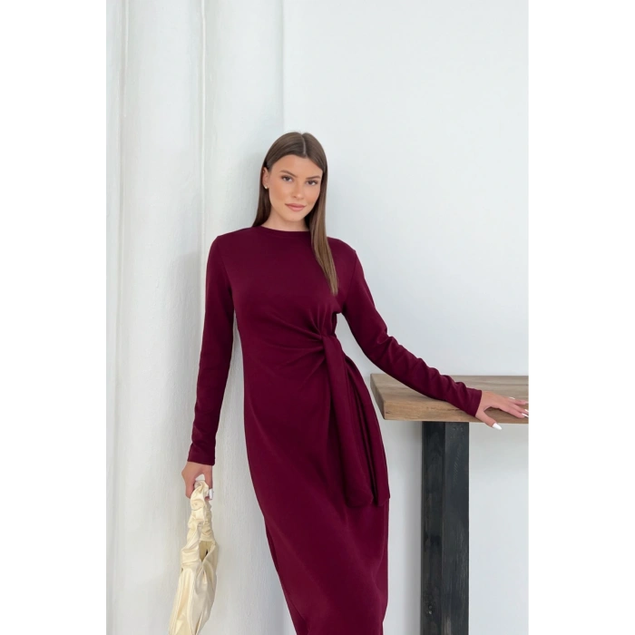 Kadın Bordo Modal Kumaş Yandan Bağlama Detaylı Uzun Elbise