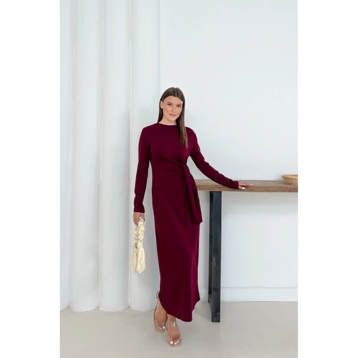 Kadın Bordo Modal Kumaş Yandan Bağlama Detaylı Uzun Elbise