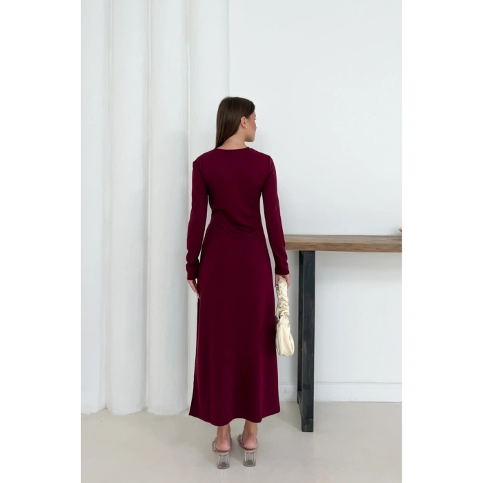 Kadın Bordo Modal Kumaş Yandan Bağlama Detaylı Uzun Elbise