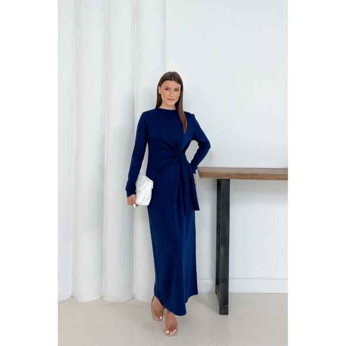 Kadın Lacivert Modal Kumaş Yandan Bağlama Detaylı Uzun Elbise