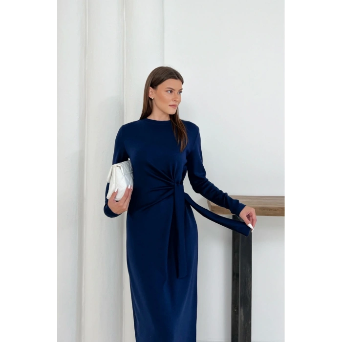 Kadın Lacivert Modal Kumaş Yandan Bağlama Detaylı Uzun Elbise