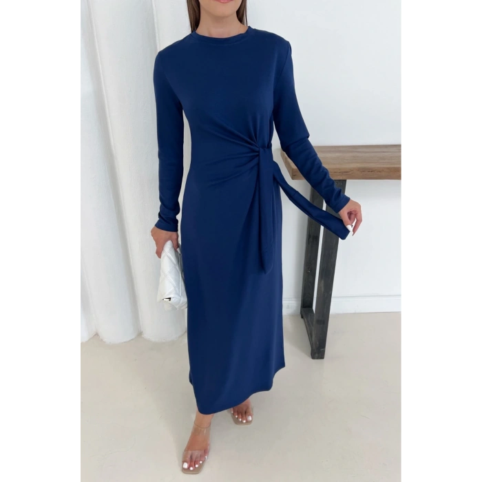 Kadın Lacivert Modal Kumaş Yandan Bağlama Detaylı Uzun Elbise