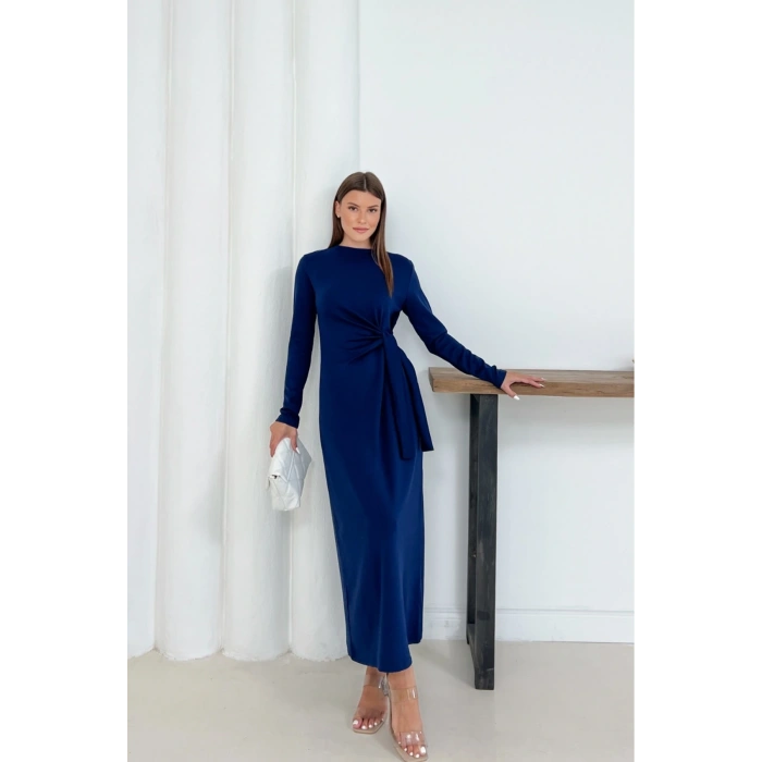 Kadın Lacivert Modal Kumaş Yandan Bağlama Detaylı Uzun Elbise