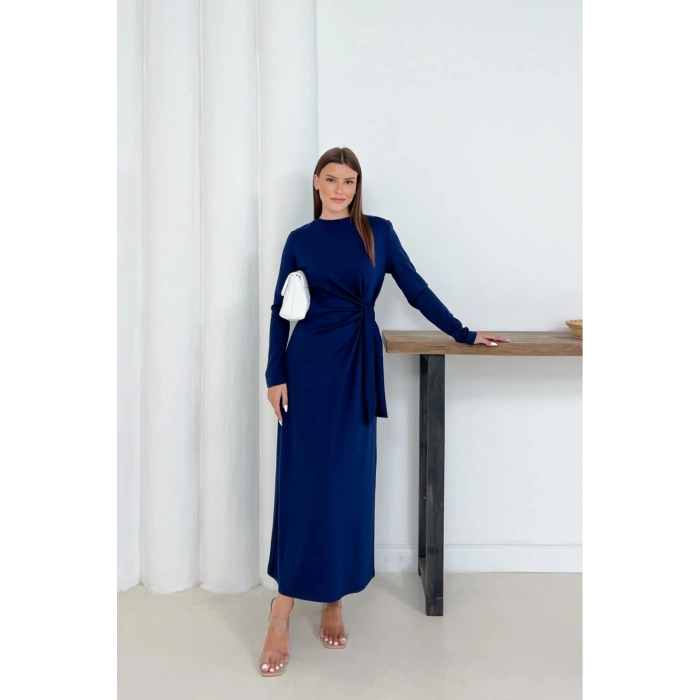 Kadın Lacivert Modal Kumaş Yandan Bağlama Detaylı Uzun Elbise