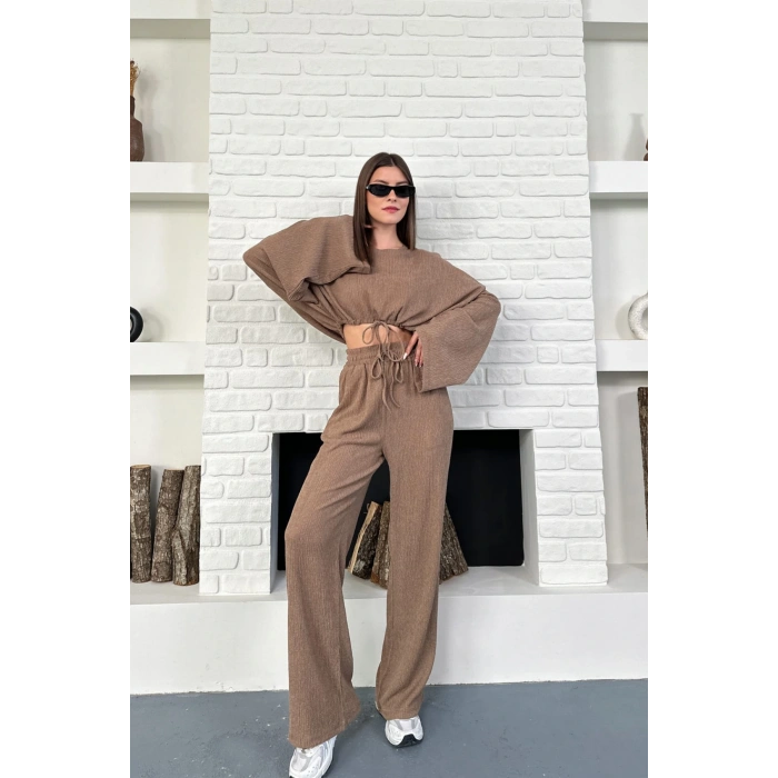 Kadın Uzun Kollu Crop Ve Yüksek Bel Pantolon Alt Üst Takım