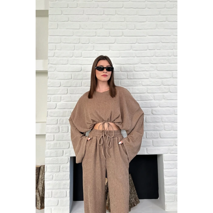 Kadın Uzun Kollu Crop Ve Yüksek Bel Pantolon Alt Üst Takım