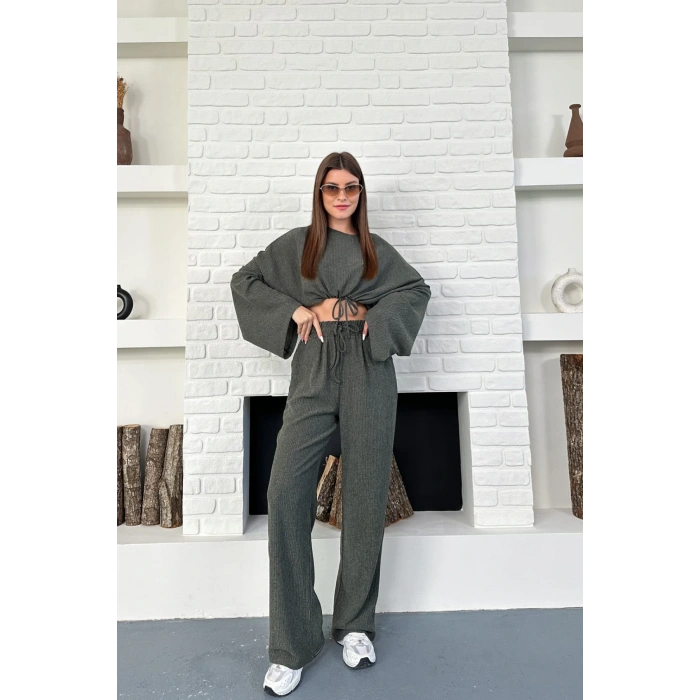 Kadın Uzun Kollu Crop Ve Yüksek Bel Pantolon Alt Üst Takım